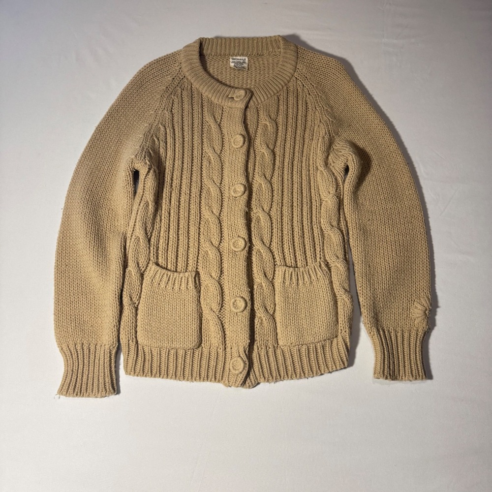 Vintage Tan Cable Knit Cardigan Sweater Womens Small Chunky Button Front Korea